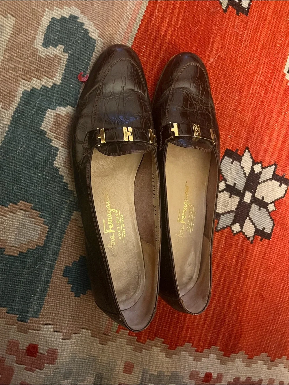 Salvatore Ferragamo Dark Brown Croc-Embossed Leather Bit Loafers
